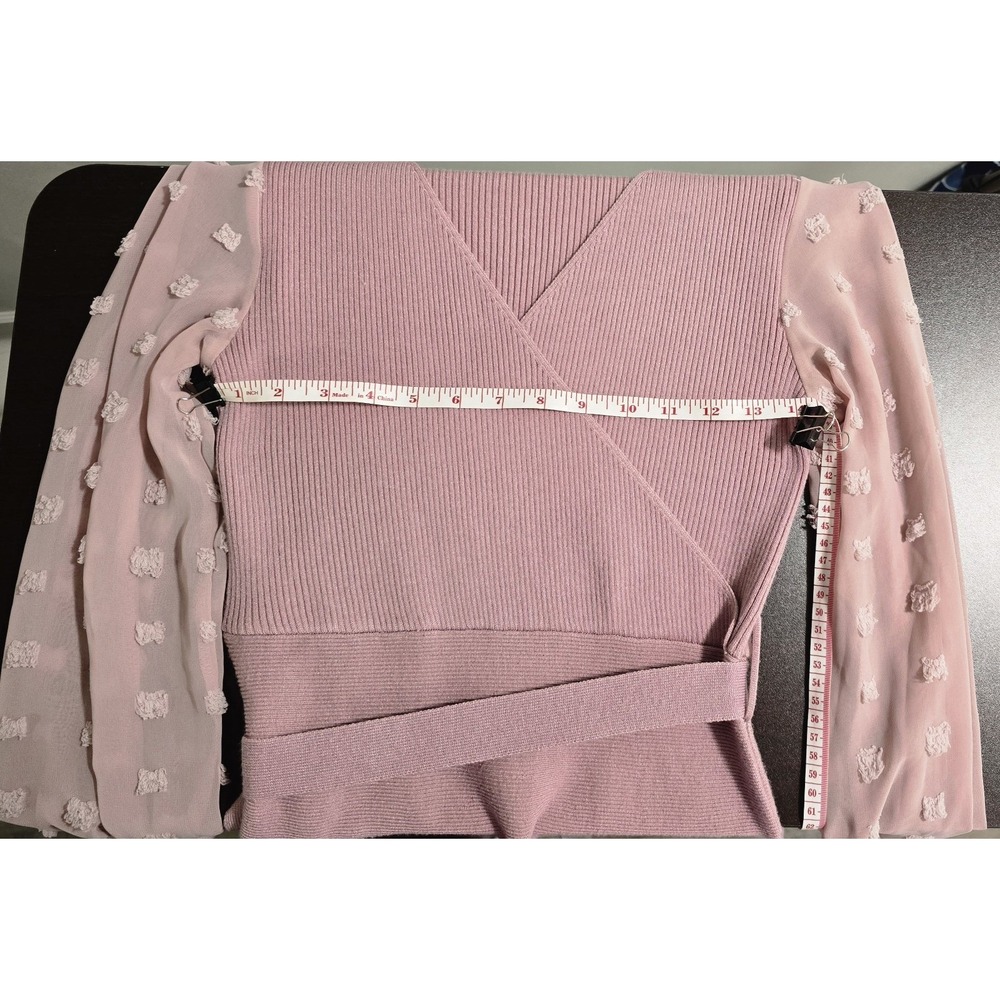 Chicwish Wrap Knit Dress Blush Pink Long Sleeve Dot Mesh Sleeve Fit & Flare M - Picture 9 of 11